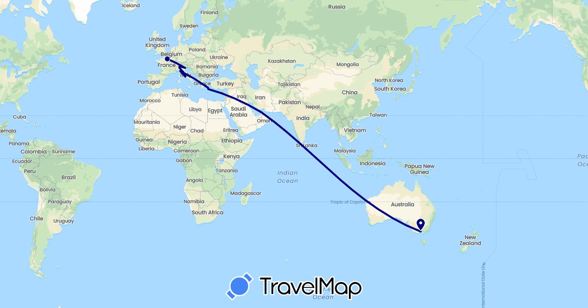 TravelMap itinerary: driving in United Arab Emirates, Australia, France, Greece, Italy (Asia, Europe, Oceania)
